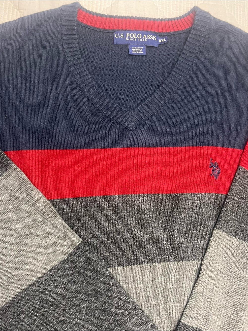 U.S. Polo Assn. Men's V-Neck Striped Sweater - Navy/Red/Gray